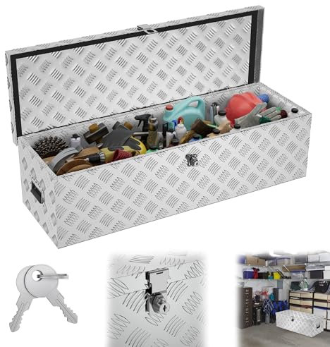 YRHome 80L Aluminium WerkzeugkisteAlubox Aluminiumkiste Transportbox Deichselbox Für PKW Anhänger Mit Verriegelungssystem Sicherheitsgriffe 2 SchlüsselnStoßfest Wasserdicht,Silber 99 * 33 * 25.5 CM
