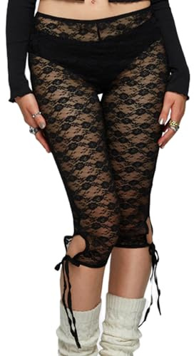 SANSIWU Womens Lace Cropped Capri Leggings Sexy See Through Elastic 3/4 Capri Pants Summer Nightclub Three Quarter Trousers (A-Black, S)