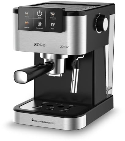SOGO Máquina de café espresso 20 Bar – Cafetera con vapor, adecuado para tazas, almohadillas y café molido – Pantalla Digital, 1350W – Para Espresso, Cappuccino y Latte