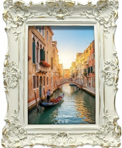 4x6 Vintage Picture Frame, Antique Ornate White with Gold Photo Frame, for Table Top and Wall Display, Decorative Floral Design Retro Home Decor, Photo Gallery Art