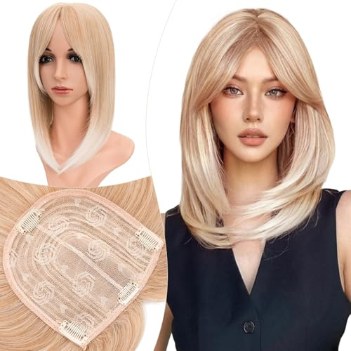 Elailite Hair Topper Donna Clip in con Frangia per Capelli Biondo Dorato/Biondo Pallido, Posticci con Clips Middle Parting Toupet Toupee Protesi 35cm 120g (Base 15cm*15cm)