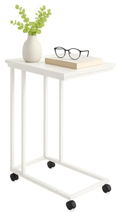 Tavolino Relaxdays con rotelle, H x L x P: 68 x 50 x 35 cm, MDF, Metallo, Forma a C, tavolino da sottosofa, Bianco