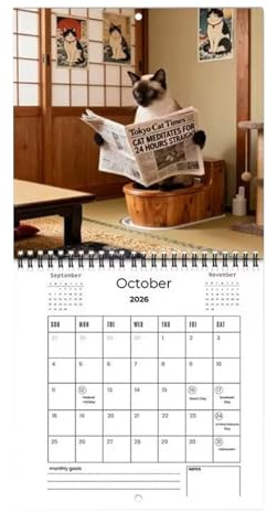 Kattkalender 2026, 12 månader tjockt papper, tidning läsande kattunge kalender planerare – för heminredning kontor klassrum mötesplanerare nyår jul partypresenter