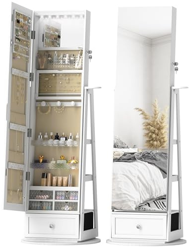 HOMCOM Espejo Joyero con Luces LED Giratorio de 360° Blanco y Beige