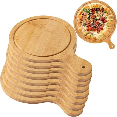 8-pack pizzatallrikar i trä – naturliga pizzatallrikar i bambu med handtag, multifunktionella för servering, skärning och tillverkning, rund ostbräda i trä, upp till 33 cm (A, 13 tum)