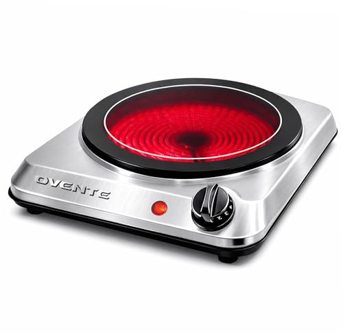 OVENTE Countertop Infrared Single Burner, 1000W Electric Hot Plate with 7” Ceramic Glass Cooktop, 5 Level Temperature Setting & Easy to Clean Base, Compact Stove for Home Dorm Office, Silver BGI101S