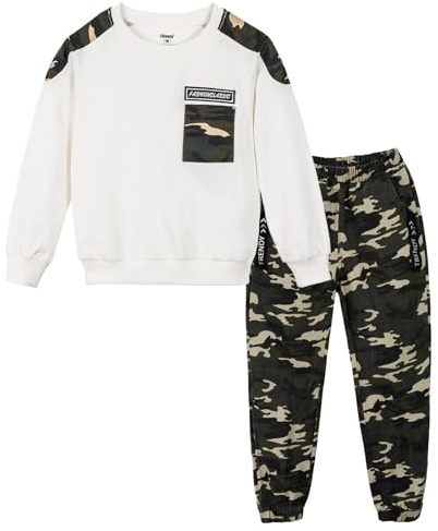 LOLANTA Completo tuta mimetica per bambini, felpa a 2 pezzi e pantaloni cargo, Bianco, 10-11 anni, 150