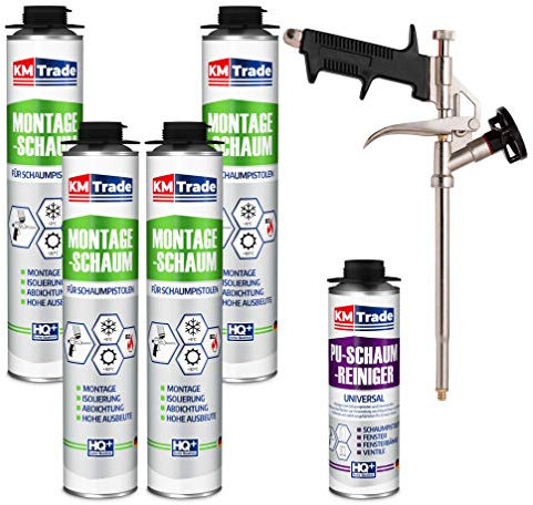 KM Trade Bauschaum-Set - Inkl. 4x 1K Montageschaum (je 750 ml), 1x Schaum-Pistole & 1x PU-Schaum-Reiniger (500 ml)