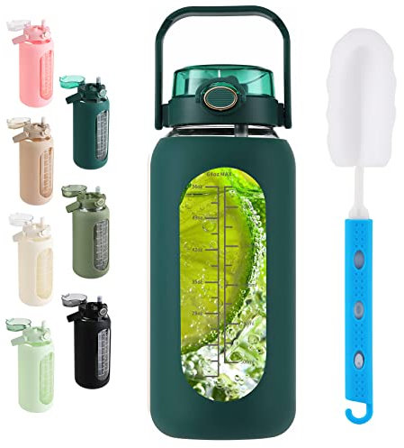 64 oz Glass Water Bottle with 2-in-1 Straw Lid Large Half Gallon Water Bottle with Time Marker & Removable Silicone Sleeve,Wide Mouth BPA-Free Borosilicate Bottle for Gym, Workout & Daily Use