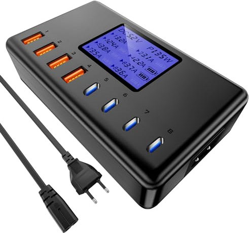 Chargeur USB C Rapide layajia, Chargeur USB Multiple 152W avec Affichage numérique LCD, 4 Ports USB A et 4 Ports USB C Chargeur Rapide pour iPhone 16, iPad, Samsung et Autres appareils etc.-Noir