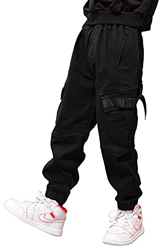 Pantalon Cargo pour Garçon,Style décontracté, Taille élastique, Enfant Jogging Uniforme Scolaire Pantalon de Sport(Noir,14-16)