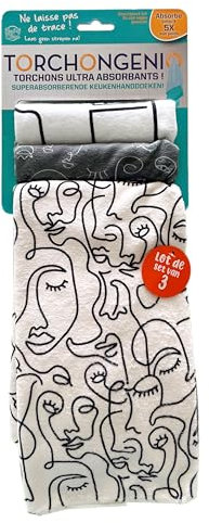 MYBO TV - TORCHONGENIO - Les torchons au Pouvoir Super Absorbant Qui ne laissent Pas de Trace - Lot de 3 torchons Motif Visage -Spécial Vaisselle