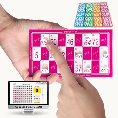 BINGO ESCOPRINT - 960 Cartones Bingo Troquelados Reutilizables | Juego de Bingo para PC de Regalo | Juego de Mesa | 90 Bolas | Adultos, Familias y Asociaciones | Fucsia
