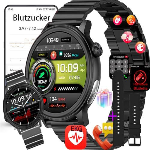 Fohatu 𝐛𝐥𝐮𝐭𝐳𝐮𝐜𝐤𝐞𝐫 Smartwatch 𝐛𝐥𝐮𝐭𝐳𝐮𝐜𝐤𝐞𝐫𝐦𝐞𝐬𝐬𝐮𝐧𝐠 EKG 𝐃𝐢𝐚𝐛𝐞𝐭𝐞𝐬 Smartwatch Mit Bluetooth-Anrufe,Fitness Tracker Mit Blutfette Harnsäure Blutdruck