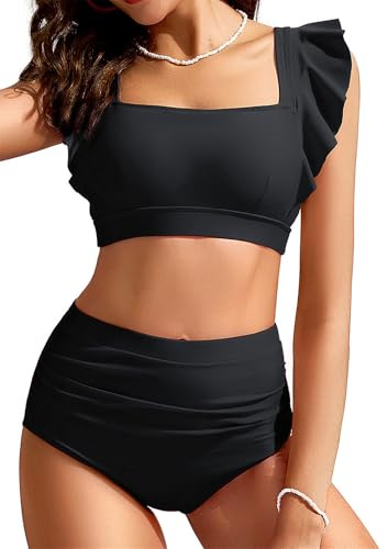 Kate Kasin Women High Waisted Bikini Sets Black Ruffle Two Piece Adjustable Swimsuits Full Coverage Ruched Cheeky Bottoms Swimwear