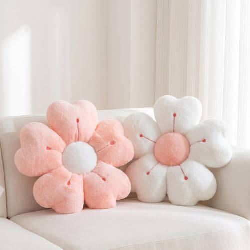 Copbopwn 2Pcs Flower Pillow 35cm - Cute Daisy Cushion, Floor Pillow, Preppy Aesthetic Home Bedroom Decor (White+Pink)