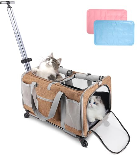 Sac de transport à roulettes à double compartiment avec roues pour 2 chats, sac de transport pliable avec roues pour 2 petits chats et chiens, respirant, parfait pour les voyages, la randonnée, le