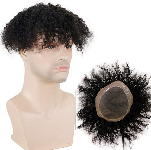 Teraman Men's Toupee 100% Remy Human Hair Natural Black Color Curly Toupee for Men Thin Skin Mono Net with PU around Hair Replacement System Hairpieces for Men (9x7 Inch)
