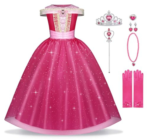 BSBUY Robe de Princesse Filles, Déguisement de La Belle au Bois Dormant, Robe Rose de Princesse, Costume de Soirée Enfant pour Anniversaire Fête Halloween Noël Partie Carnaval