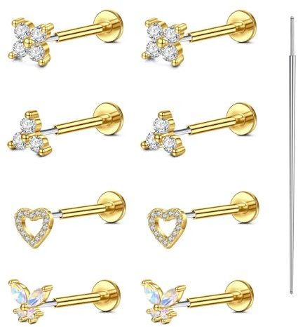 AVYRING 4 paia di orecchini da donna con retro piatto, 20 G, 8 mm, in acciaio inox, a pressione, con cuore, fiore, farfalla, zirconia cubica per elica, trago, conchiglia, daith, Acciaio inossidabile