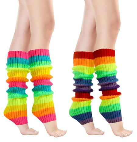 2 Pairs Rainbow Leg Warmers for Women, Neon Leg Warmers 80s Neon Socks