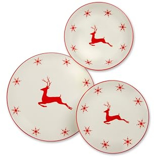 Excelsa Nordic Christmas Set di Piatti in Porcellana con Motivo Natalizio, 18 Pezzi, Renne e Fiocchi di Neve Rossi, Lavabile in Lavastoviglie