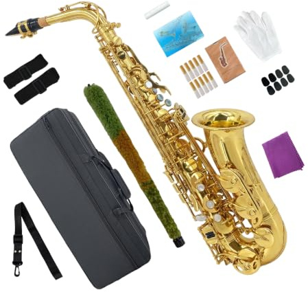 Conboxus Eb Alto Saxophone Gold Lacquer Brass E-Flat Student Kit with Hard Carrying Case - Includes Mouthpiece, Reeds, Neck Strap and Gloves for School Band