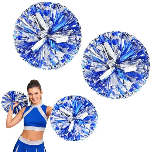 2 Piece Blue Mixed Silver Pompoms Cheerleading, Four Finger Grip Design | Durable and Reusable, Cheerleader Pom Poms for Stage Performances, Cheerleading, and Dance