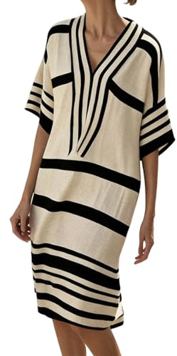 Tobysper Vestido de playa para mujer, vestido de verano, elegante, a rayas, cuello en V, vestido de lino, holgado, bohemio, vestido de ocio, ligero, de algodón y lino, vestido de verano