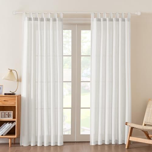 FantasDecor Linen Sheer Curtains 84 Inch Length 2 Panels Tab Top for Living Room Bedroom Light Filtering Window Drapes Neutral Country Rustic Farmhouse Boho Blinds, White