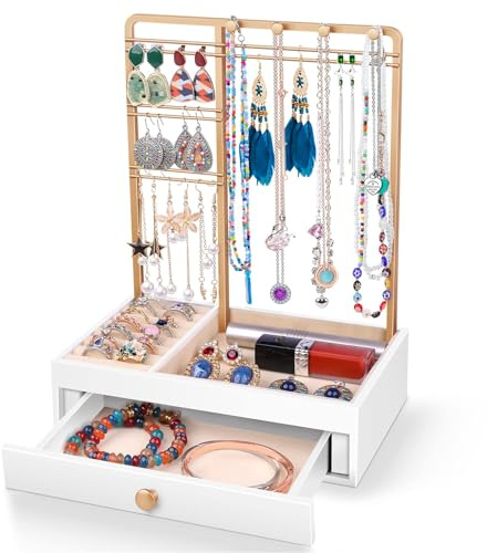 Teamkio Jewelry Stand Tree with Large White Storage Box, Tabletop Jewelry Organizer Display Tree for Necklace, Rings, Bracelets, Watches
