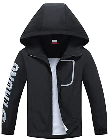 ALXHUTE Boys Girls Waterproof Rain Jacket, Kids Lightweight Raincoat Windbreaker with Hood Black UK:9-10 Years (manufacturers's size: 140)