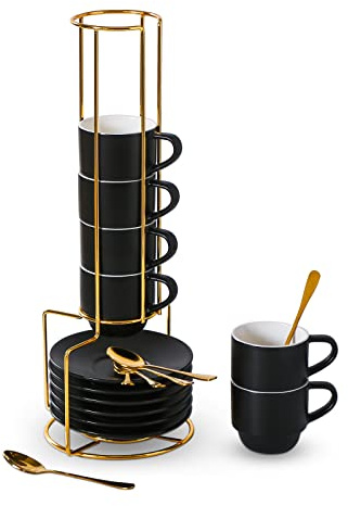 Lareina Porcelain 3-Ounce Espresso Cups Set of 6, Small Stackable Coffee Cups with Saucers, Spoons and Metal Stand - Ceramic Demitasse Mugs, Double Shots Expresso Cup, Matte Black