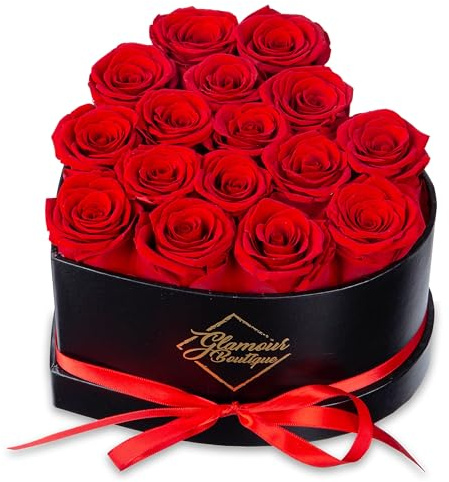 GLAMOUR BOUTIQUE 16 Flower Forever Heart Shape Box, Eternal Preserved Roses Gift for Her, Lasting Flowers, Romantic Floral Keepsake for Birthday, Anniversary or Valentine’s Day, Red (Color-Treated)
