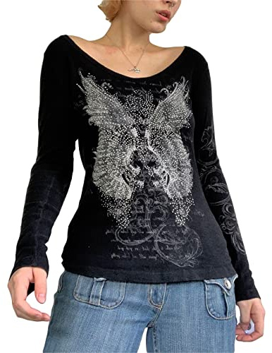 Camisa gótica para mujer, de manga larga, vintage, con estampado cruzado, cuello redondo, blusa estética delgada, recortada, ropa grunge, Negro#2, S