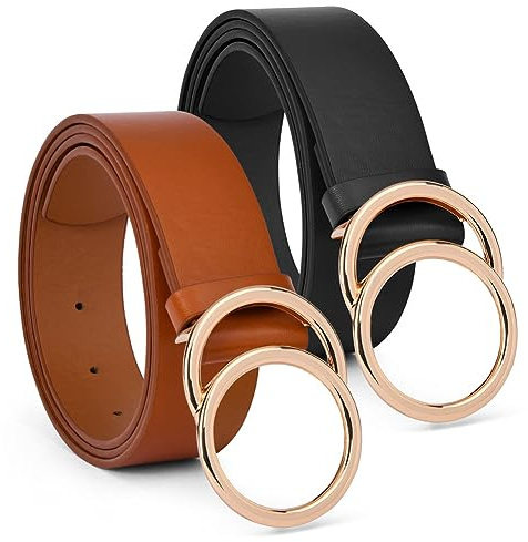 flintronic Ceinture Femme, Ceinture Boucle Cuir PU Femme avec Double Joint Torique, Large Ceinture en Cuir PU Boucle Ronde Vintage pour Femme, Ceinture Femme pour Jeans Robe Dame
