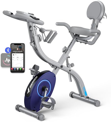 MERACH 4-in-1 Heimtrainer Fahrrad Klappbar mit Eigener App, Hometrainer Fahrrad mit 16 Stufen Magnetwiderstand, Ergometer Heimtrainer mit LCD Monitor, Handpulssensoren und Bequemem Sitzkissen