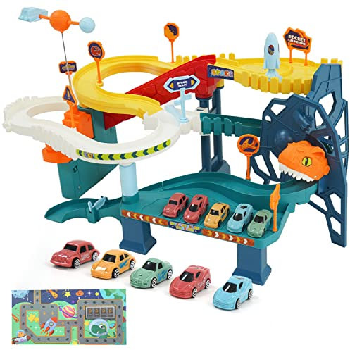 Autorennbahn Rennbahn Auto Spielset,Auto Cars Spielzeug Set mit 5 Mini-Spielzeugautos und 2 Parkplätze,Tracks Rennbahn Racetrack Spielset Montessori Spielzeug ab ab 3 Jahre alt