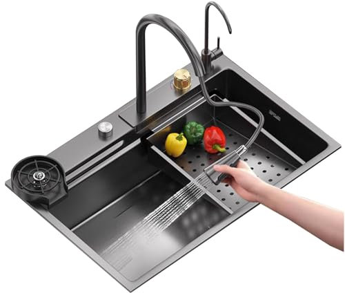 Küchen Küchenspüle Mit Kompletter Ablaufarmatur Großflächiger Wassertank Mit Wasserfallauslass Gemüsewaschbecken Mit Einer Schüssel Siphonspüle Aus Edelstahl Küchenspülen (Color : Black Steel, S : 6