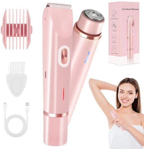 Bikini Trimmer, 2-in-1 Doppelkopf Rasierer Damen Elektrisch, Intimrasierer für Frauen, Wasserdichter Elektrischer Rasierer, Wiederaufladbar für Arm Bein Gesicht Schambereich, Nass/Trocken (A)