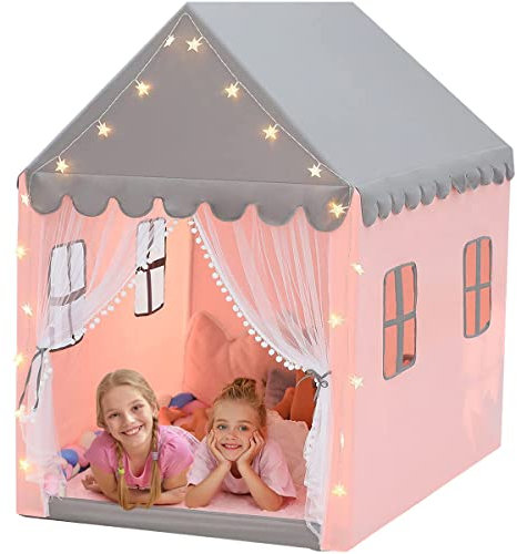 Tienda de juego para niños con guirnaldas de luz estrella, cabaña infantil interior/exterior, castillo de princesa tienda con 4 ventanas para decoración de habitación infantil, 121 x 105 x 136 cm (A)