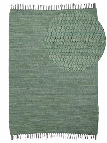 carpetfine Tappeto a tessitura Kilim Chindi Uni verde 90x160 cm, tessuto a mano | Tappeto moderno reversibile in cotone per soggiorno e camera da letto con frange