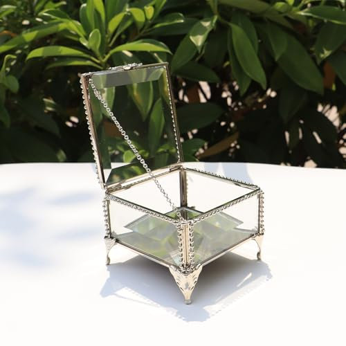 DHCGPP Glass Vintage Jewelry Box Keepsake storage Trinket Ring Display Box Home Decor Beveled Clear Glass Box Organizer(3.3x3.3x2.3Inches)