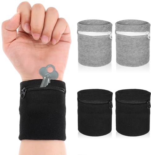 4 Stück Handgelenktasche Damen Herren,Mabor Schweißband Handgelenk Reißverschluss Sport Armbänder mit Reißverschluss Kreditkarte Sport Wristband Sportarmband Schweißarmband für Laufen Fitness