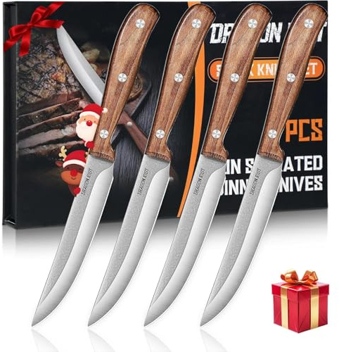 DRAGON RIOT Set De Couteau A Steak 4 Pièces, Couteaux À Steak Avec Manche En Bois, Set De Couteaux De Table Avec Coffret Cadeau