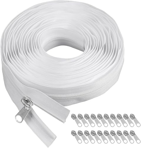 1 Roll Nylon Zipper Tape Zipper Strip, Endless Zipper with Zipper, Replacement Zipper Roll Endless Zip Set with 20 Zipper Pulls for Sewing