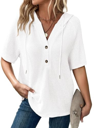 Dokotoo Women's Hoodies Waffle Knit Ladies T-Shirts Drawstring Button Womens Pullover Sweatshirt V Neck Short Sleeve Jumpers Women Hooded Tops Plain Lady Hoodie Top Tee Shirts S-XXL