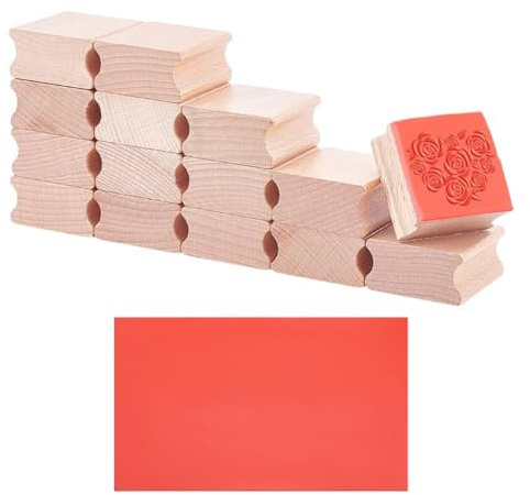 UNICRAFTALE 15Pcs Support de Tampon en Caoutchouc en Bois Vierge avec Feuille de Tampon en Caoutchouc pour Gravure au Laser Feuille de Caoutchouc Souple Blocs en Bois Dur 4cm pour Fabrication Tampon