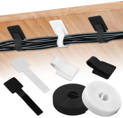 BOXOB 40pz Fasceztte Fermacavi con Velcro con 2 Rotoli di Cinghie di Estensione, Riutilizzabili Cinghie in Velcro per Cavi Organizer Cavi con Retro Adesivo per Casa e Ufficio (Bianco, Nero)