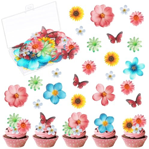 Sprinlot 55 Stück Blumen Papier Tortendeko, Bunt Blumen für Torte, Papierblumen Kuchendeko, Cupcake Deko für Hochzeit Hawaii Aloha Summer Theme Party